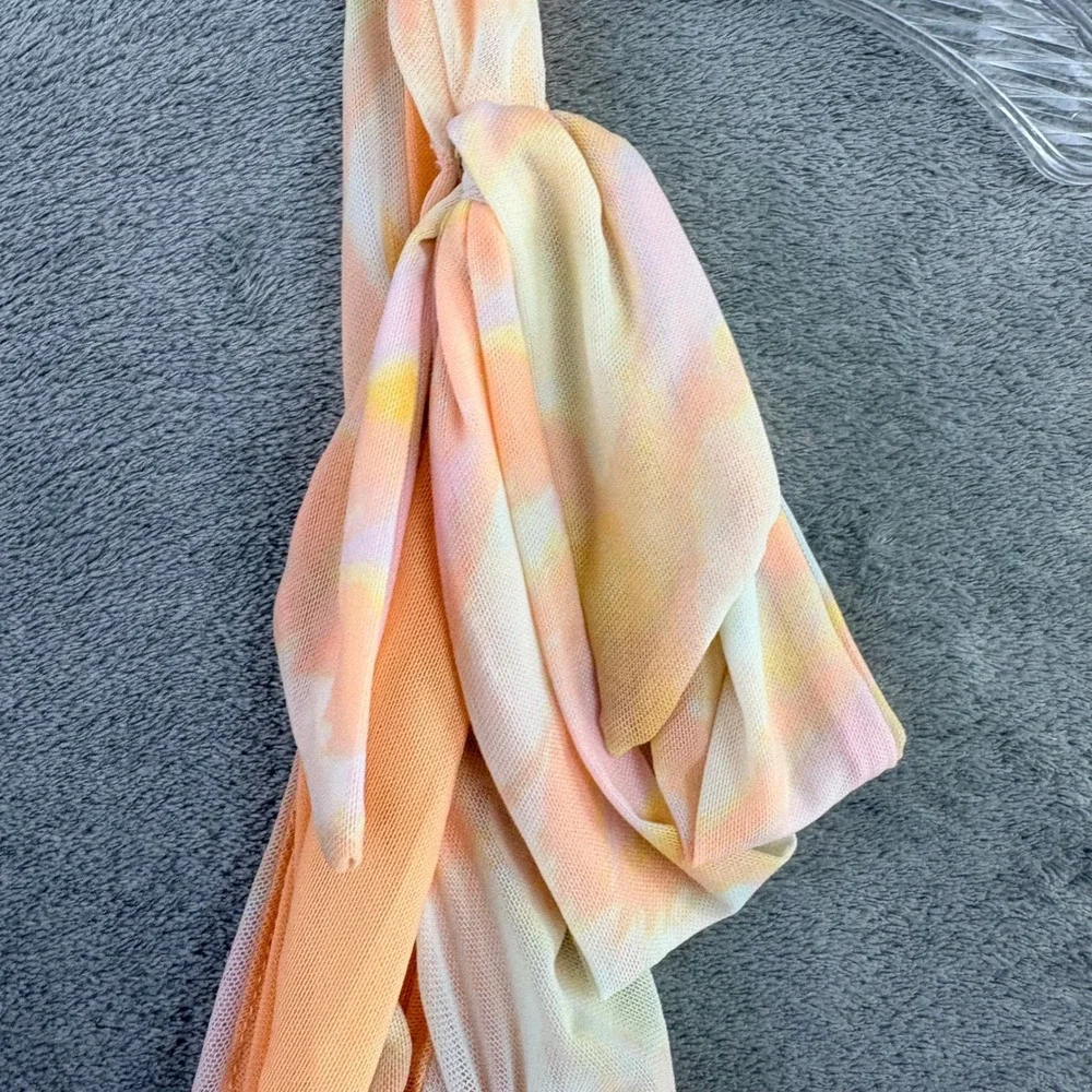 Free People L‎ Avenue Ivory Orange Ruched Mesh Tie Dye Tank Top Boho Summer NWT